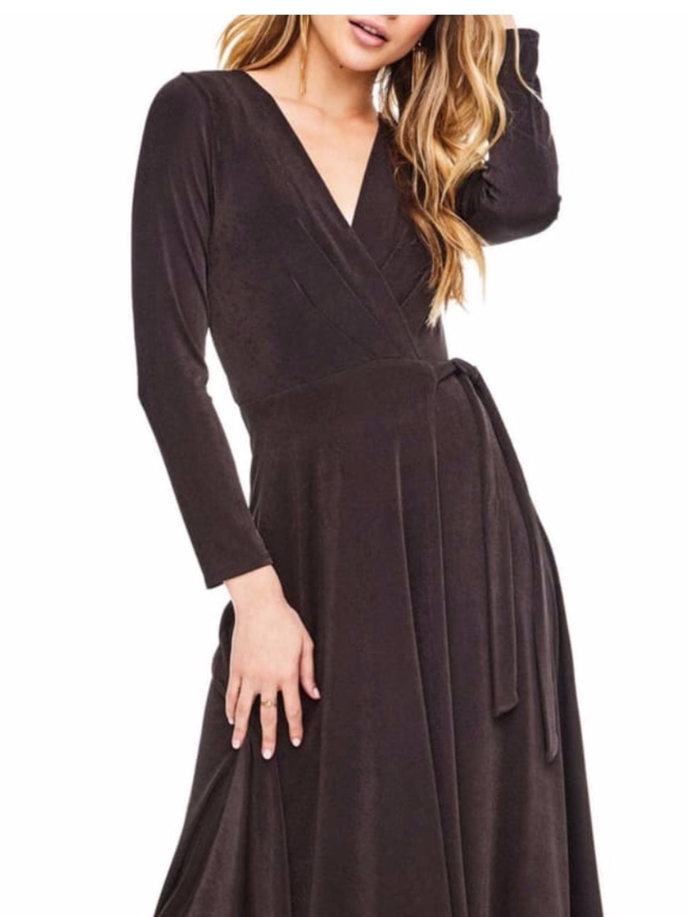 Astr Long Sleeve Wrap High-Low Dress in Dark Brown